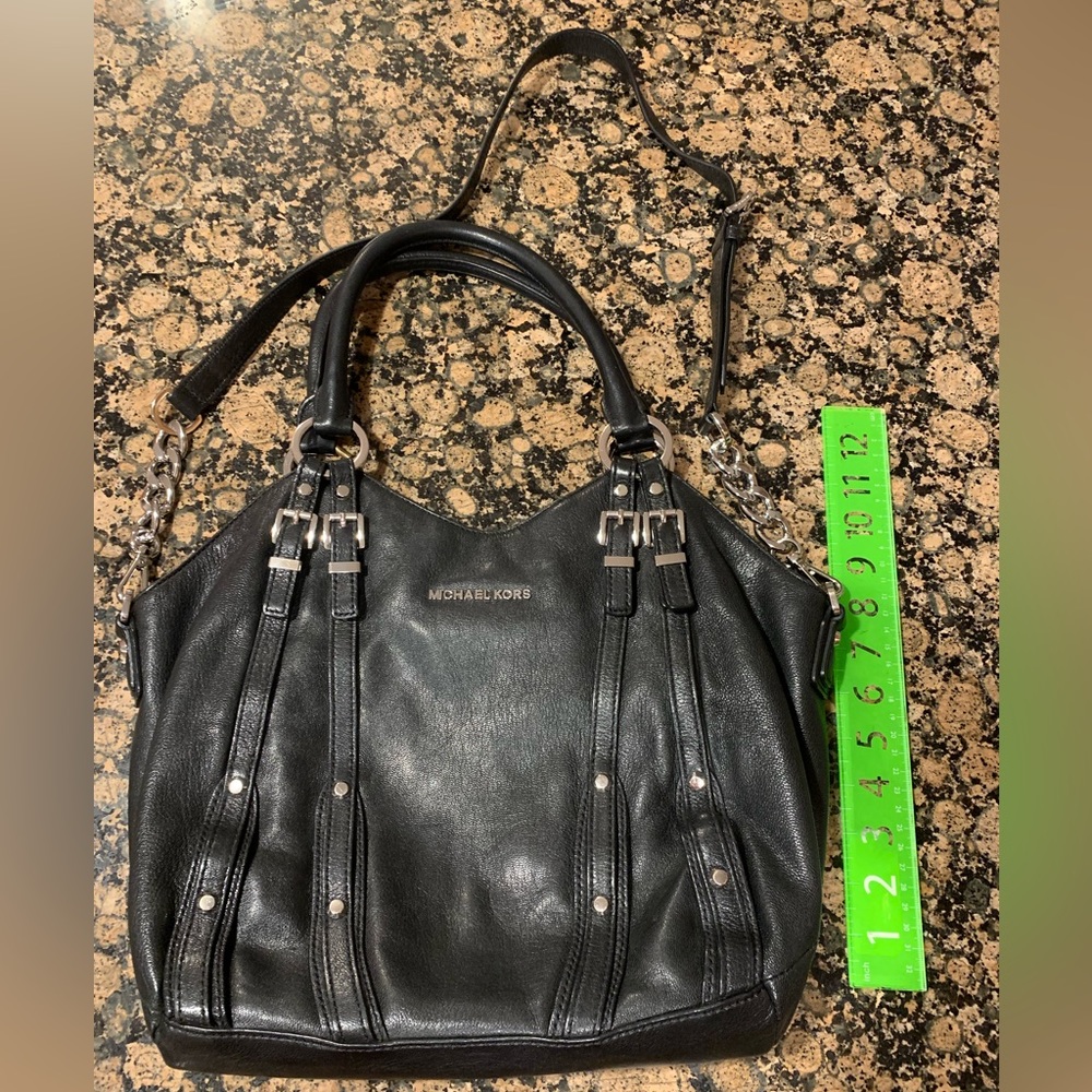 Michael Kors soft black leather handbag with silver toned finishes
